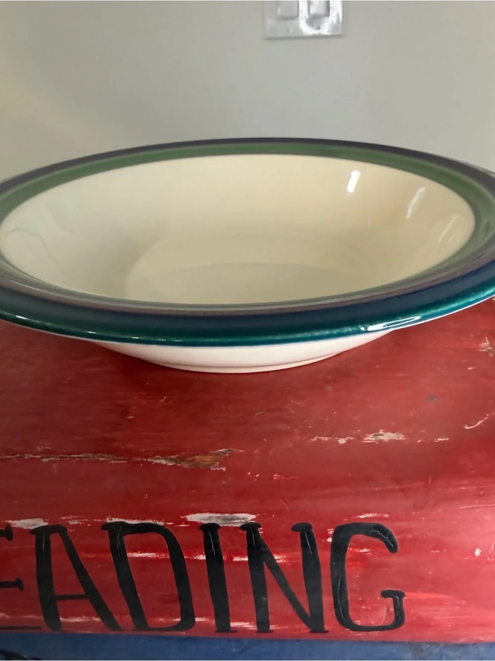 Pfaltzgraff Ceramic soup Bowl in White with Teal, Purple & Green Bands